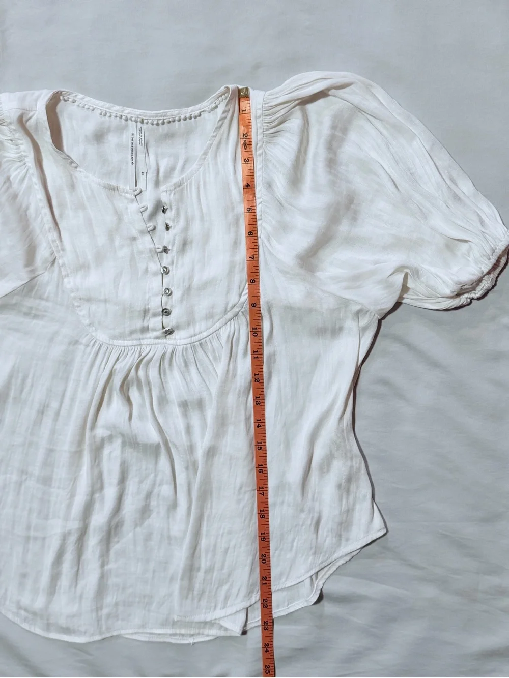 Anthropologie Drapey Henley Pleated Puff Sleeve Top White Extra Small XS